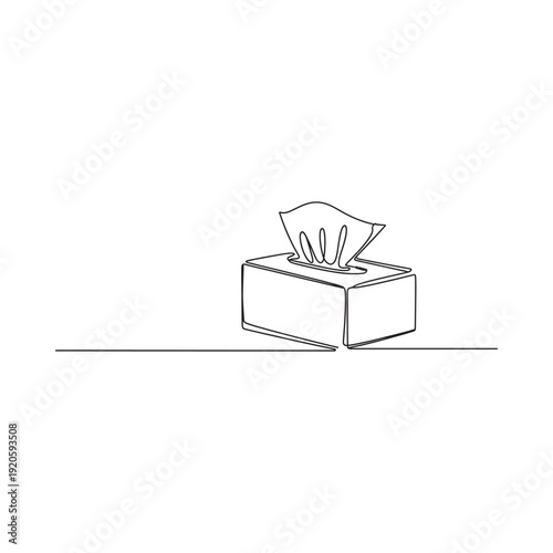 A continuous line drawing of a simple rectangular tissue box with protruding tissues