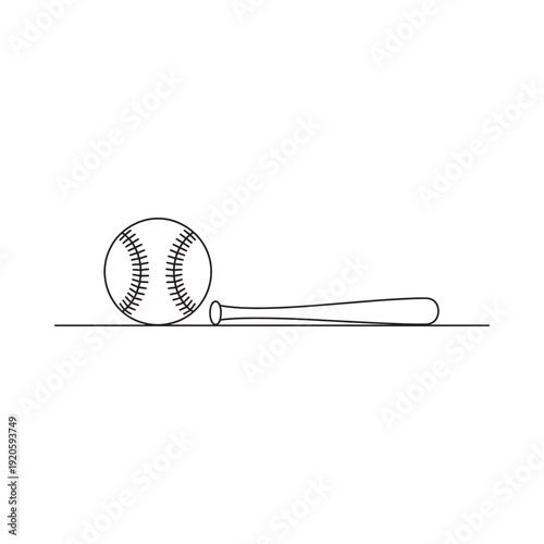 A simple black and white illustration depicting a baseball and a wooden bat