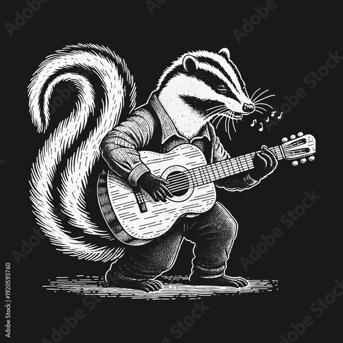 Skunk Serenading: A Musical Skunks Guitar Performance in Monochrome.