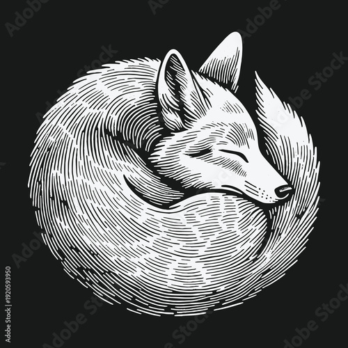 Serene Fox Illustration: A Circular Study in Black and White.