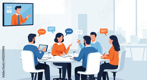 A group of people are having a meeting around a table, with a video conference call displayed on a screen.