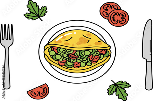 Breakfast set with a vegetable omelet on a plate, fork, knife, tomato slices and fresh parsley isolated on white background.