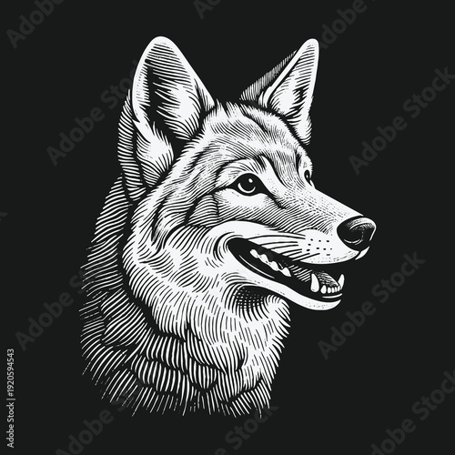 Detailed Engraving of a Coyote Head with Intense Focus.