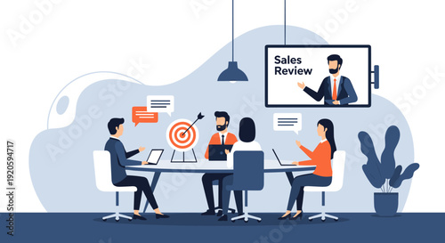 Business team having a sales review meeting with a remote speaker, discussing targets and strategies in a modern office setting.