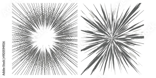 Abstract radial burst graphic elements in black and white for dynamic speed and impact effects