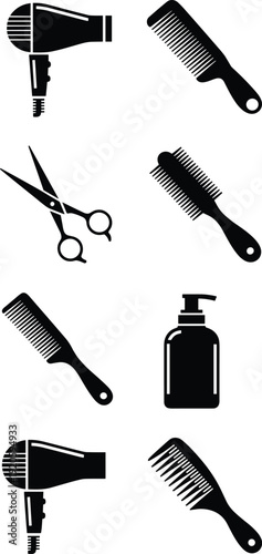 Hairdressing Tools Icons Set: Dryer Scissors Combs Lotion Bottle on White Background