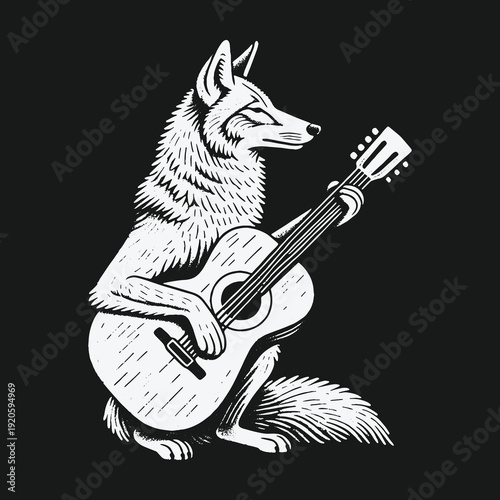 Coyote Serenade: A Musical Wildlife Illustration in Black and White.