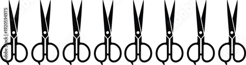 Multiple Black Scissors Lined Up on White Background Isolated Style