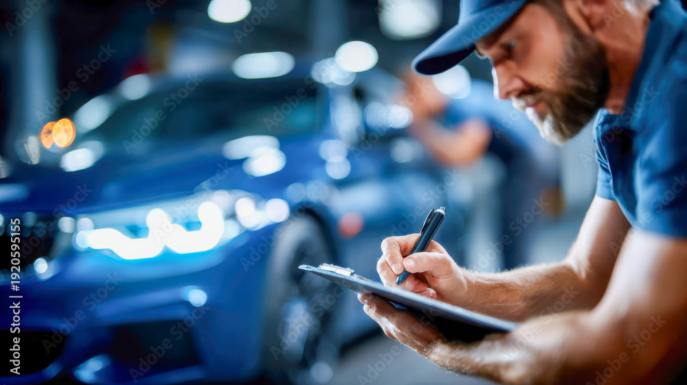 Obraz premium Auto mechanic writing service report on clipboard beside modern car in repair shop, shallow depth of field