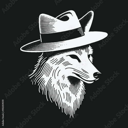 Intricate Line Art of a Wolf Wearing a Stylish Fedora Hat.