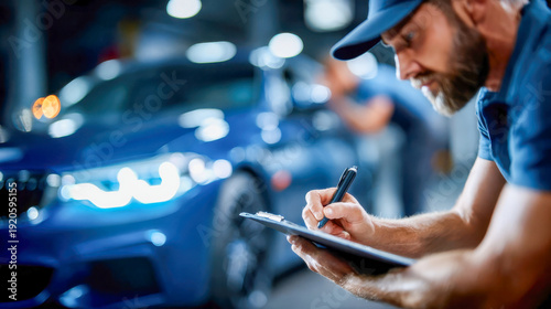 Auto mechanic writing service report on clipboard beside modern car in repair shop, shallow depth of field