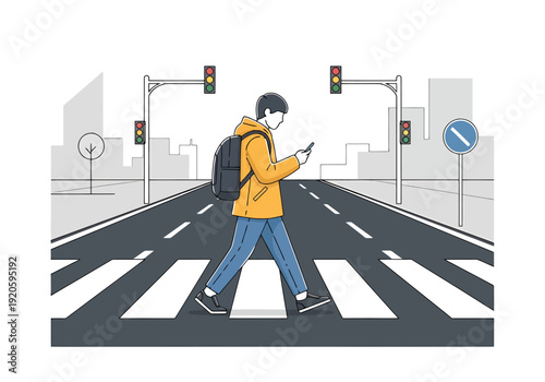 Modern person walking across crosswalk city street using mobile phone with traffic signals above street urban transportation concept