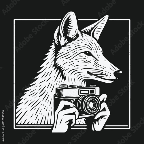 Fox Photographer: A Black and White Illustration of a Fox Holding a Camera.