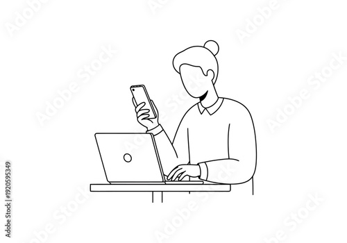 Person using laptop and smartphone at desk for remote work or online learning concept line art drawing
