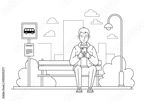 Man Occupied With Mobile Device While Waiting For Public Transportation At Urban Bus Stop On A Clear Day