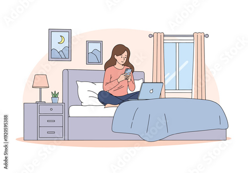 Modern Woman Relaxing on Bed Using Laptop and Mobile Phone for Work or Entertainment