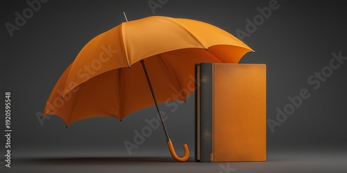 Photoreal 3D insurance concept showing liability umbrella protecting company from claims, contract folder, clean studio lighting.