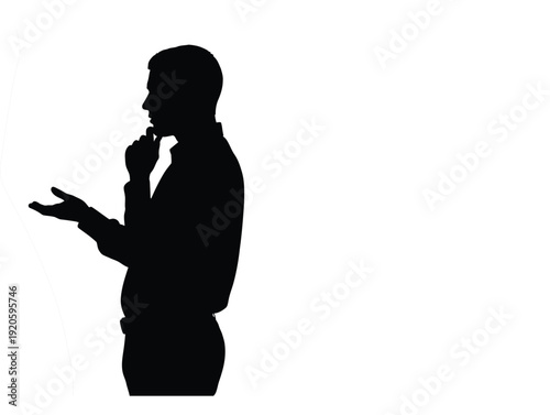 Silhouette of a man gesturing with one hand raised and the other to his chin