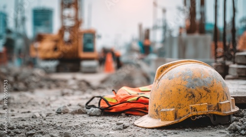 Wallpaper Mural Yellow hard hat and safety vest on the ground at a construction site Torontodigital.ca