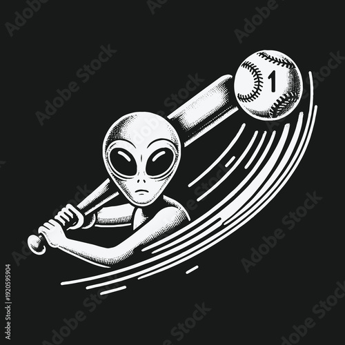 Alien Hitting a Baseball: Extraterrestrial Sports Illustration.