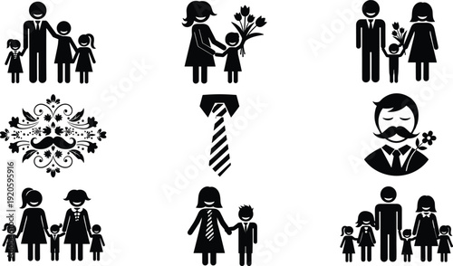 Set of family silhouettes including parents with children fathers and mothers with daughters and sons for happy domestic life projects