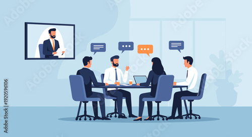 A group of four people are in a meeting with a fifth person on a video call.