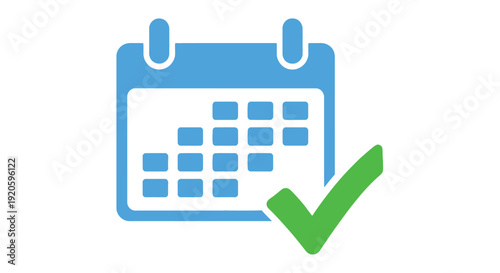 Blue calendar icon with a green checkmark symbolizing scheduling or event confirmation