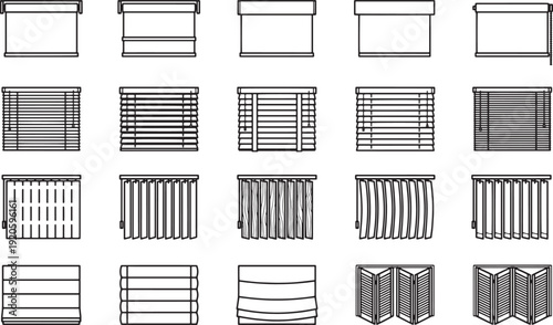 Variety of Blinds: A comprehensive illustration showcasing an array of window blinds. A graphic study of diverse blind styles.