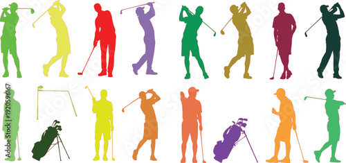 Colorful Silhouettes of Golfers in Action with Golf Bags