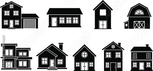 Set of house and building silhouettes featuring various architectural styles from modern residential homes to rural barns and suburban cottages