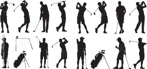 Silhouettes of Golfers Swinging and Carrying Golf Bags
