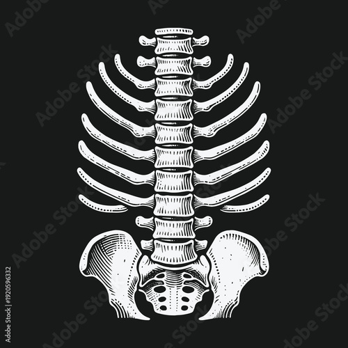 Anatomical Illustration of the Human Spine and Rib Cage.