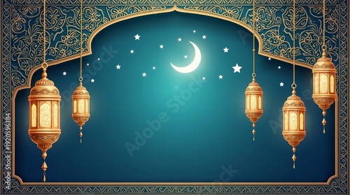 Ramadan Background with Crescent & Lanterns
