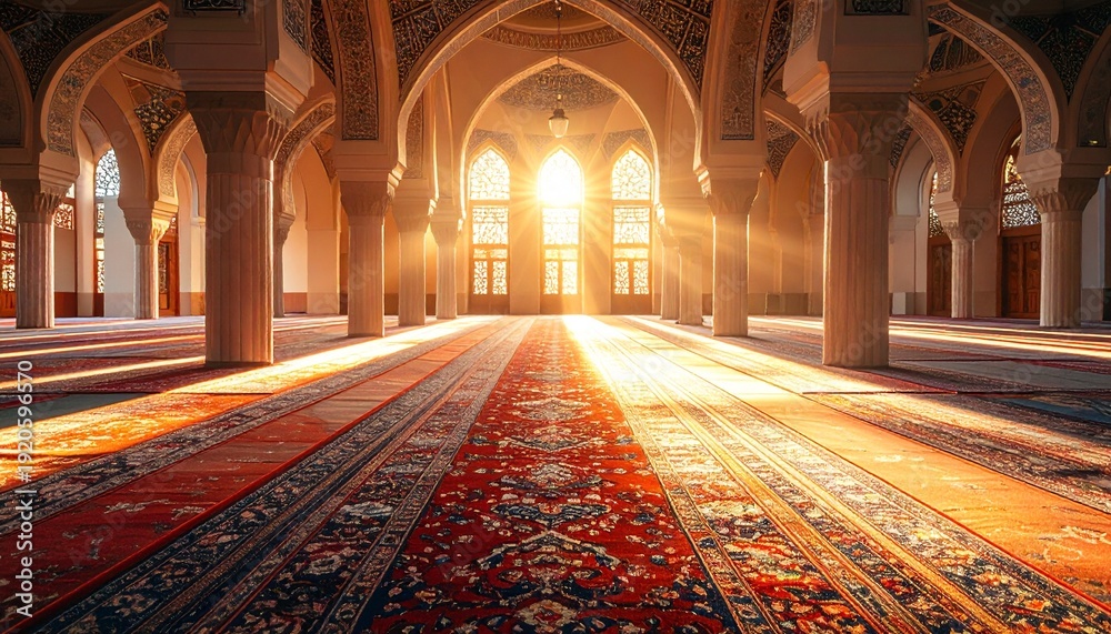Obraz premium Sunlit interior of a grand mosque with intricate arches and pillars, beautiful patterned carpets, and golden rays of light streaming through stained glass windows