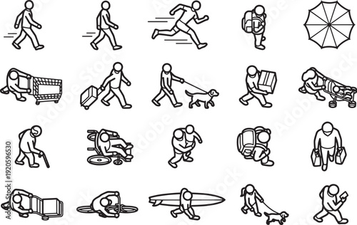 A diverse array of stylized walking, running, carrying, and interacting people in a simple, artistic display.