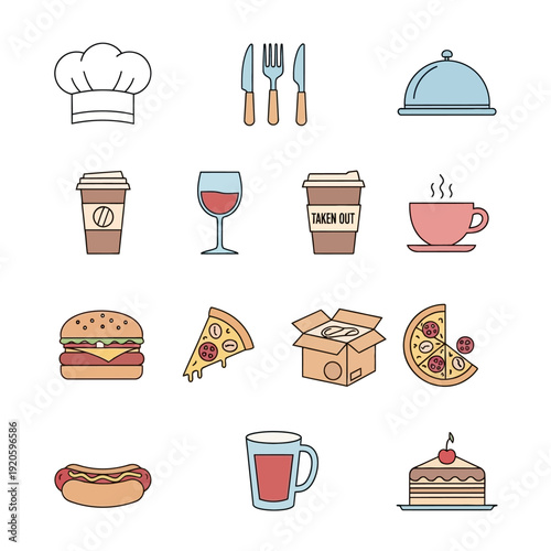 Collection of Food and Beverage Icons Featuring Chef Hat and Various Cuisine.