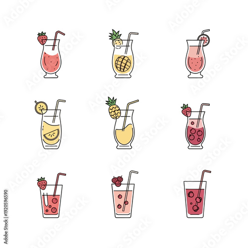 Nine different fruit cocktails in tall glasses with straws and garnishes.