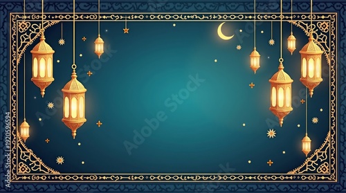Ramadan Background with Crescent & Lanterns