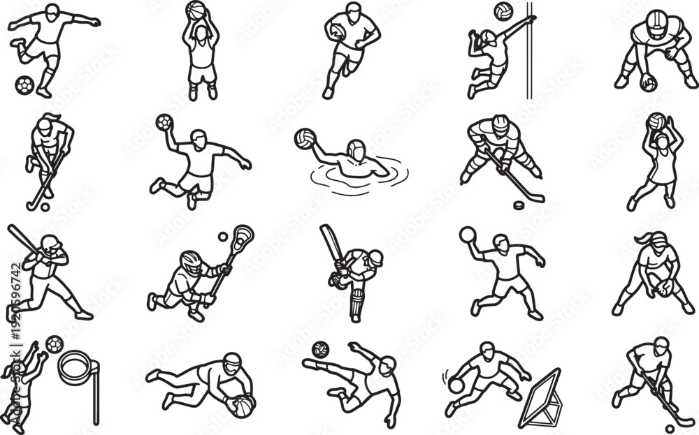 Obraz premium Illustrated sports icons represent a dynamic and diverse range of athletic activities, captured in a clean and modern design.