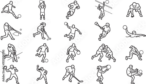 Sports icons in dynamic action, showcasing various disciplines in a clean, modern design. The graphic's minimalist approach emphasizes movement and form.