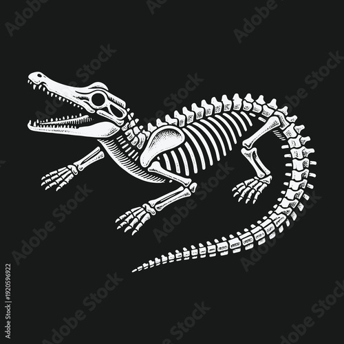 Detailed Alligator Skeleton Illustration on Black Background Anatomical Study.