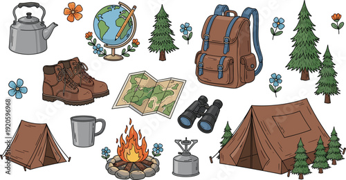 Camping and Hiking Equipment Set – Outdoor Adventure Doodle Vector Collection