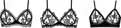 Set of technical fashion sketches of lace bra silhouettes featuring various intricate floral patterns and delicate underwire lingerie designs