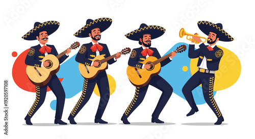A vibrant illustration of a mariachi band performing music with guitars and trumpet.