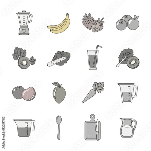 Collection of kitchen blender icons with fruits and ingredients.