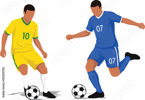 Soccer Players in Action – Football Match Illustration with Brazil and Blue Team