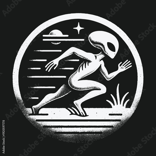 Alien on the Run: A Monochrome Illustration of Extraterrestrial Escape.