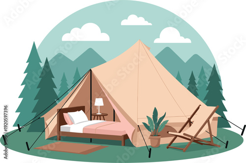 Luxury Glamping Tent Interior in Forest – Comfortable Camping Vector Illustration