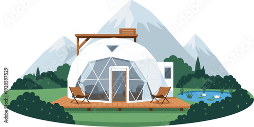 Modern Glamping Dome in Mountain Landscape – Luxury Camping Vector Illustration