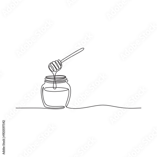 A minimalist line drawing depicts a jar of honey with a wooden dipper